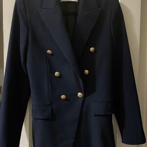 ZARA Women's Navy Wool Double-Breasted Blazer, Gold Buttons Size XS